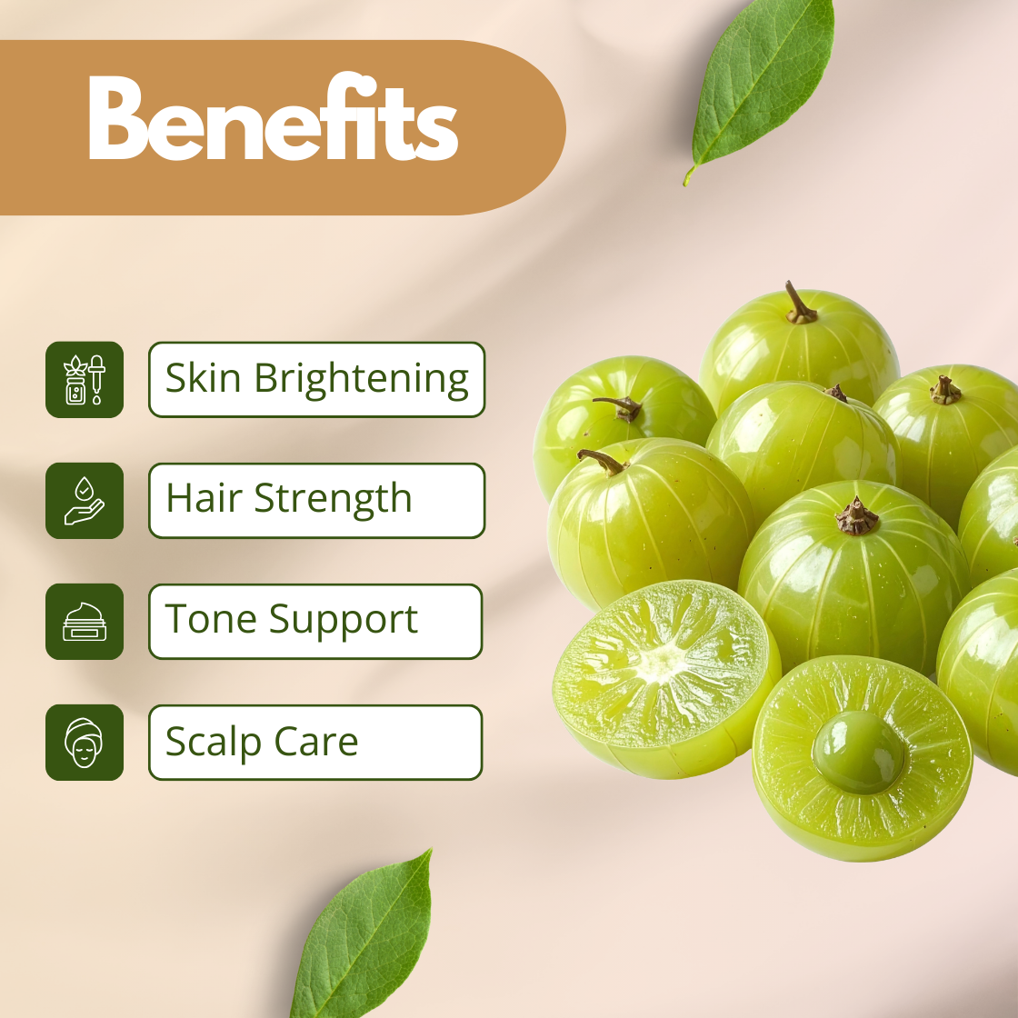 Benefits image of Amla Extract showing fresh green amla fruit, emphasizing glow support, redness relief, tone clarity and skin brightening. Cosmetic grade amla extract used in skincare formulations as a vitamin C rich botanical ingredient for brightening and antioxidant cosmetic applications.
