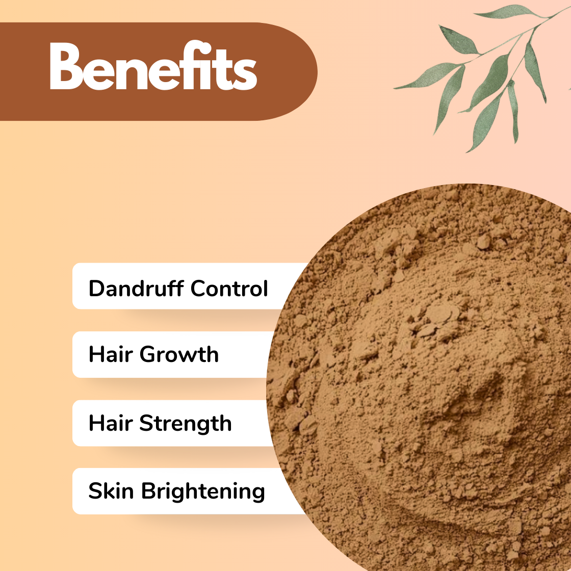 Benefits banner featuring brown Amla herbal powder texture in round frame with text highlighting Dandruff Control, Hair Growth, Hair Strength, and Skin Brightening. Multi-purpose Ayurvedic herbal powder suitable for hair masks, scalp treatments and natural skin care formulations.