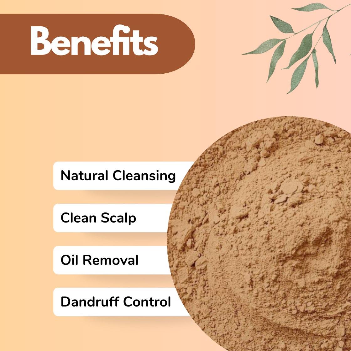 Herbal powder promotional image showing fine light brown Amla Reetha Shikakai Mix botanical powder with benefits listed as Natural Cleansing, Clean Scalp, Oil Removal and Dandruff Control. Traditional Ayurvedic hair care powder used in herbal shampoo blends and scalp detox treatments.