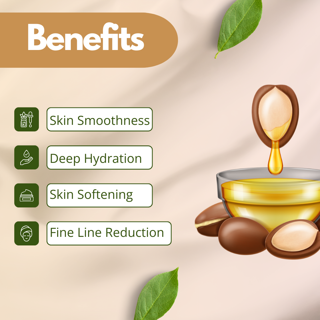 Pure cold pressed argan oil with argan and oil bowl, premium carrier oil for anti-aging skincare, haircare and cosmetic formulations.
