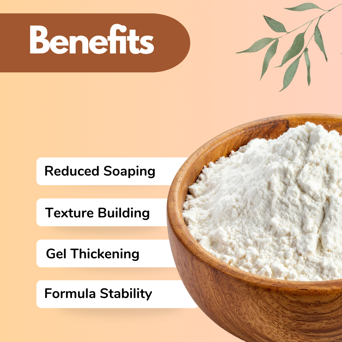 Benefits infographic showing white cosmetic "Aristoflex HMB" powder inside a wooden bowl used as a texture building ingredient in personal care formulations. The graphic highlights reduced soaping effect, texture enhancement, gel thickening capability, and improved formula stability. This cosmetic raw material is commonly used in creams, lotions and skincare formulation development.