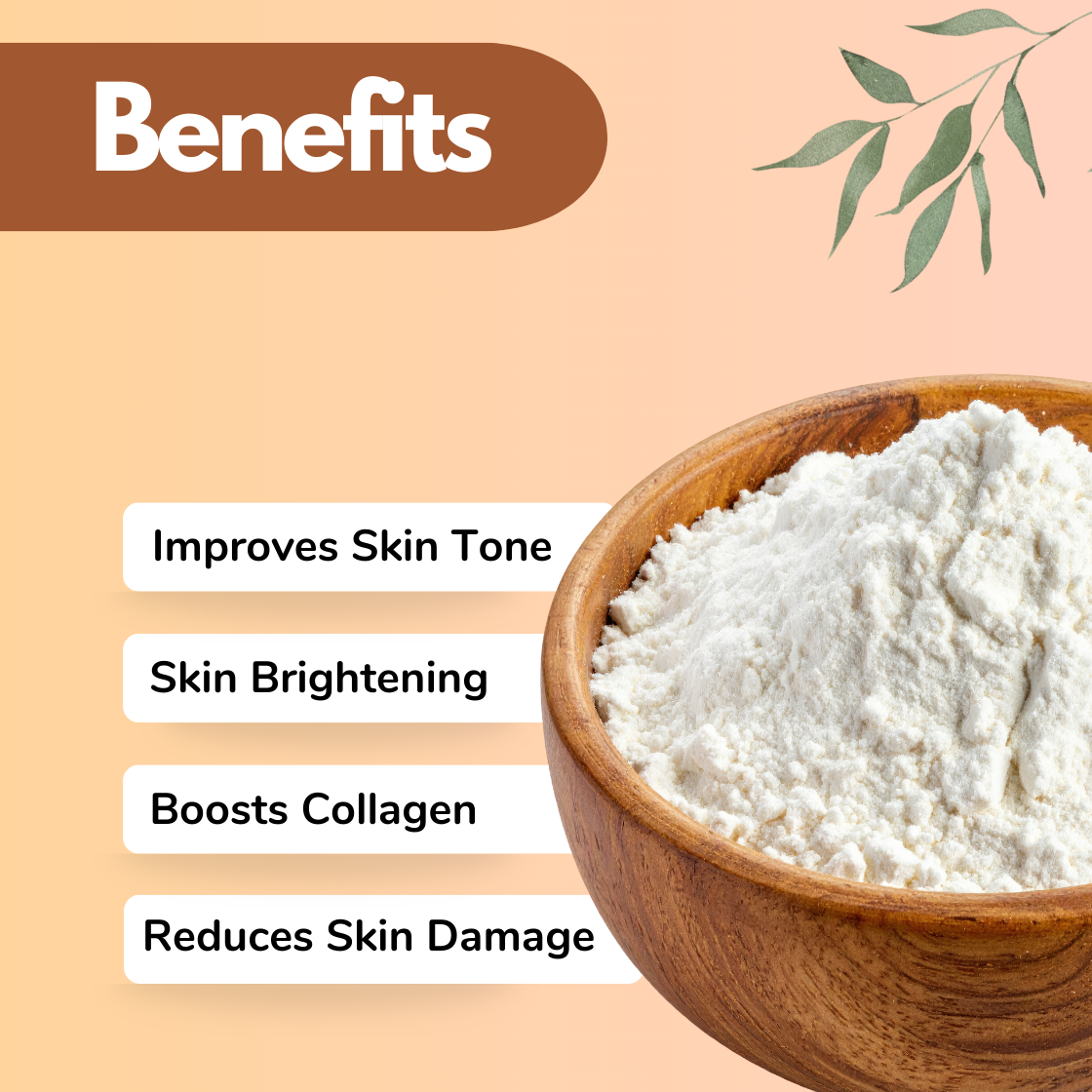 A wooden bowl filled with white Ascorbyl Palmitate  powder on a peach background. Text highlights benefits: "Improves Skin Tone," "Skin Brightening," "Boosts Collagen," "Reduces Skin Damage." Leaves adorn the top right.