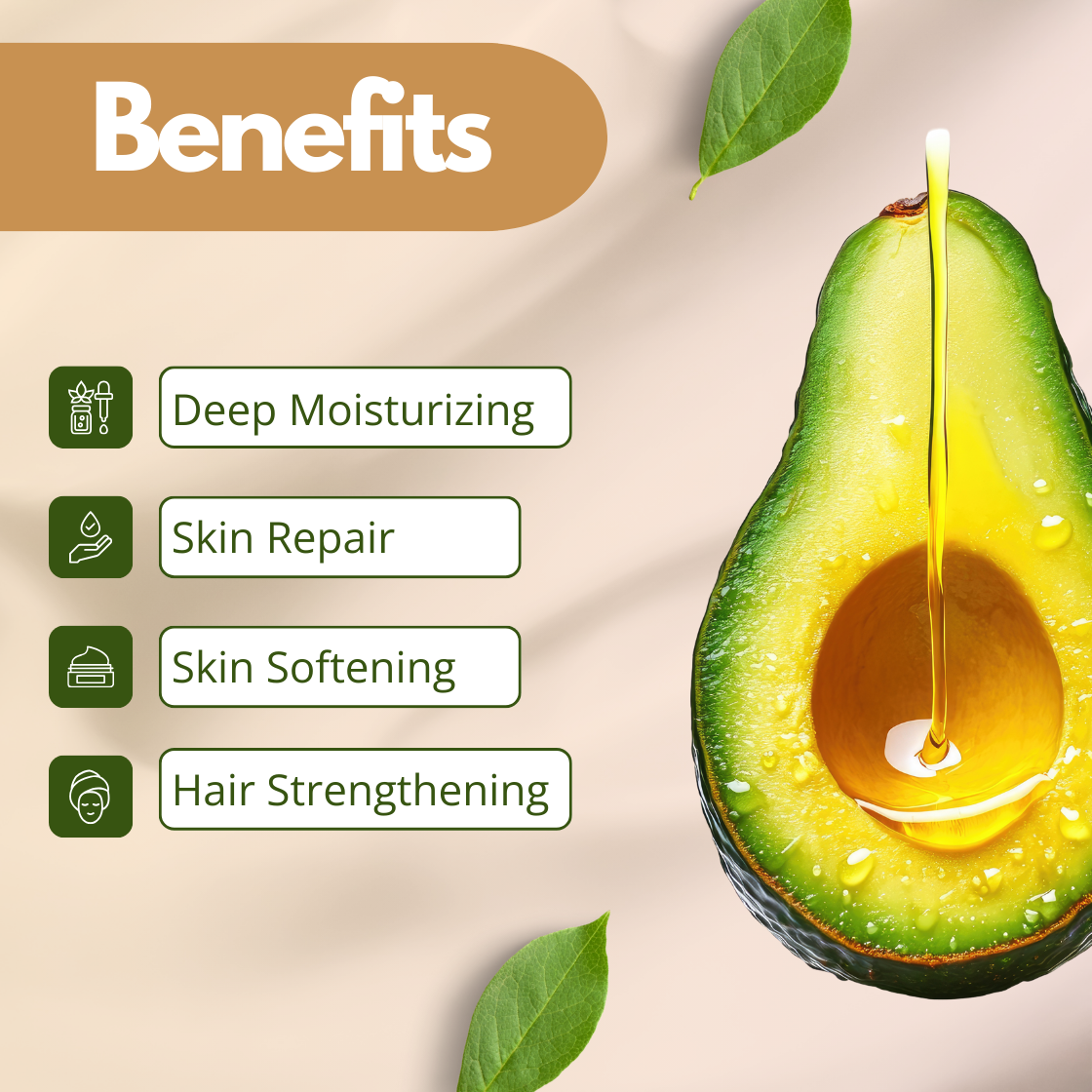 Pure cold pressed avocado oil pouring into fresh avocado half, rich carrier oil for deep moisturizing creams, serums and haircare formulations.