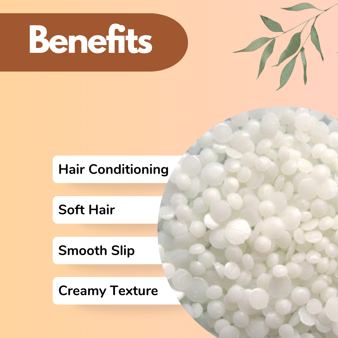 Infographic displaying white "BTMS 50 Behentrimonium Methosulphate" cosmetic wax beads used as conditioning ingredients in haircare and skincare formulations. The graphic highlights benefits including hair conditioning, softer hair texture, smooth slip and creamy formulation texture. These cosmetic raw materials are commonly used in conditioners, hair masks, creams and personal care formulations.