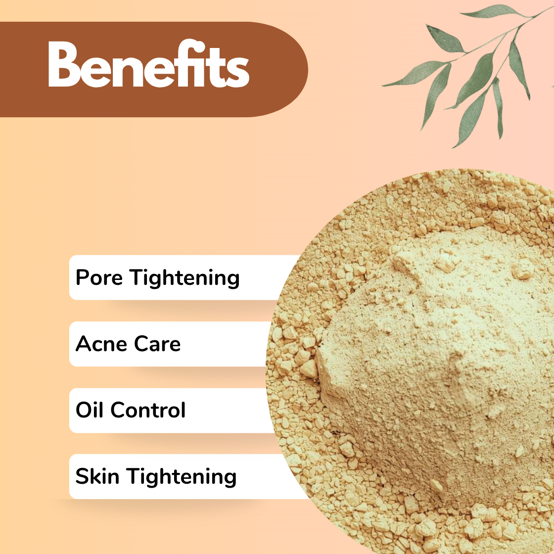 Babool Phali Powder Herbal Powder for Skin Care & Natural Cosmetics | Benefits image showing coarse golden-yellow acacia pod powder in a circular dish on a peach background with green botanical leaf design. Babool Phali powder (Acacia arabica) is a traditional Indian herbal ingredient used in organic skincare formulations, face pack recipes, and natural beauty products. Key benefits shown: Pore Tightening, Acne Care, Oil Control, and Skin Tightening. Perfect for herbal cosmetic manufacturers, Ay