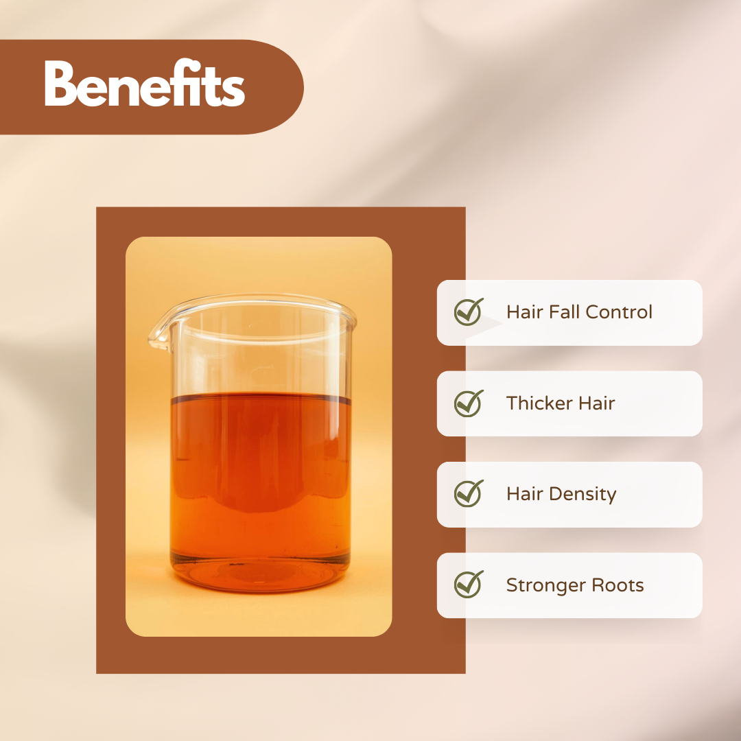 A laboratory style glass beaker filled halfway with deep amber liquid is centered inside a brown rectangular frame against a warm gradient background. The liquid appears rich and concentrated. To the right, benefit callouts read: Hair Fall Control, Thicker Hair, Hair Density, and Stronger Roots. The overall aesthetic blends cosmetic science and natural formulation. This image represents a professional hair care active ingredient Baicapil used in cosmetic formulations for hair strengthening and fall control.