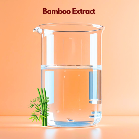 A laboratory glass beaker containing clear liquid stands against a warm peach background with “Bamboo Extract” written above. Green bamboo stalks and leaves are positioned near the base. This botanical extract is added to cosmetic and haircare products to support strengthening, repair and overall formulation performance.