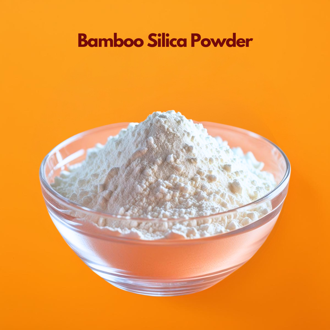 Bamboo silica powder in a glass bowl, fine white natural mineral rich powder used in skincare, anti aging formulations, hair strengthening products and cosmetic manufacturing, rich in silica for skin elasticity and hair health.