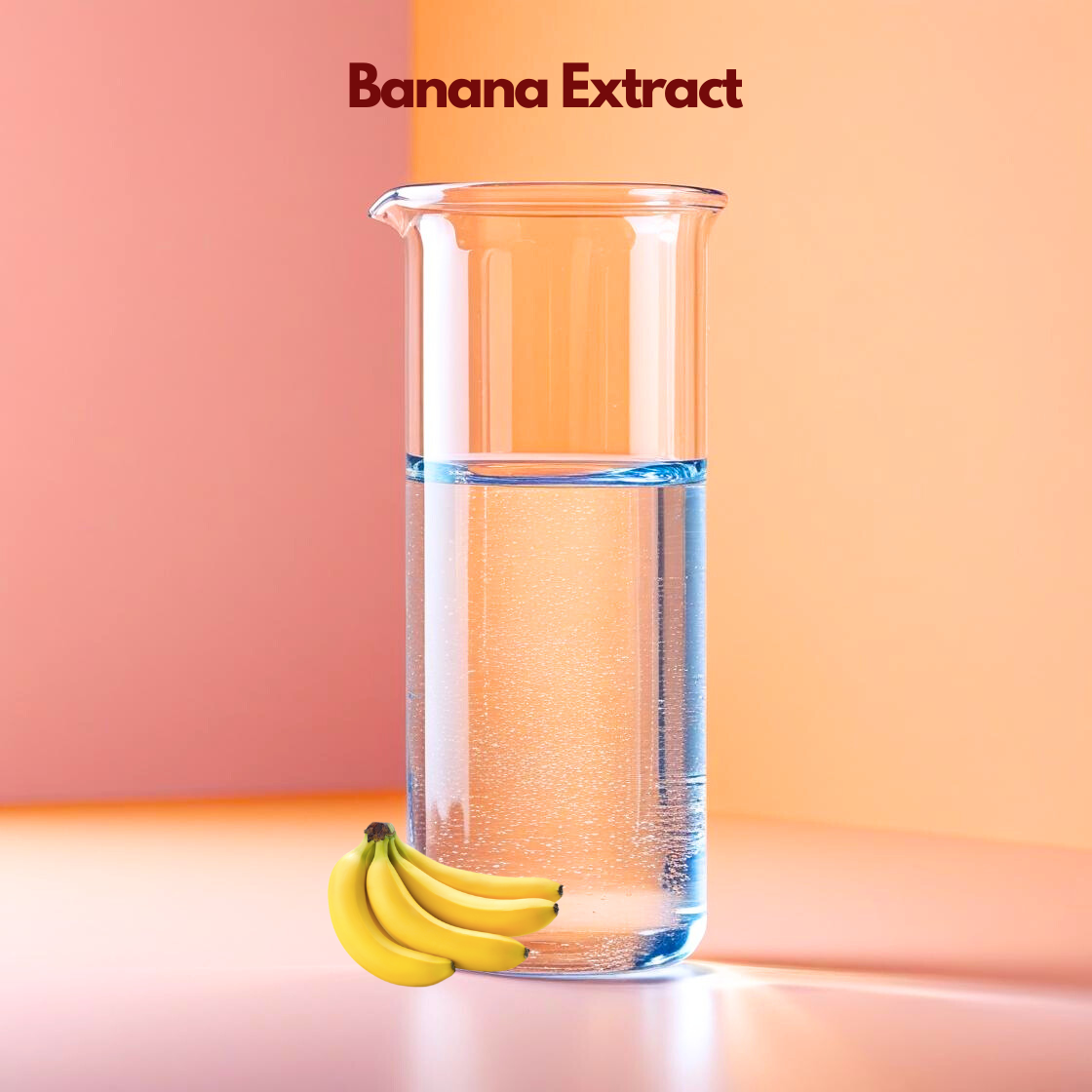 A transparent laboratory beaker filled halfway with clear liquid is displayed on a warm gradient background labeled “Banana Extract,” with ripe bananas placed at the base. This cosmetic grade fruit extract is used in skincare and haircare formulations for hydration support, nourishment and enhancing natural cosmetic performance.