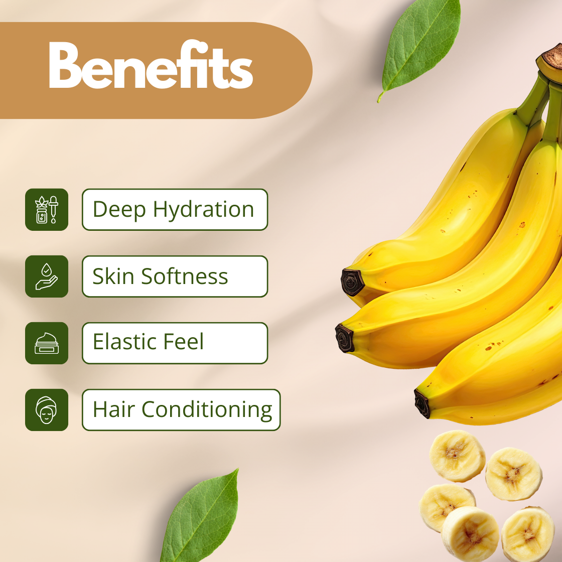 A cheerful graphic for Banana Extract showcasing a bunch of three ripe, bright yellow bananas alongside several perfectly round fruit slices. To the left, the benefits are described as Deep Hydration, Skin Softness, Elastic Feel and Hair Conditioning. The imagery emphasizes the rich, nourishing quality of this fruit based cosmetic ingredient.