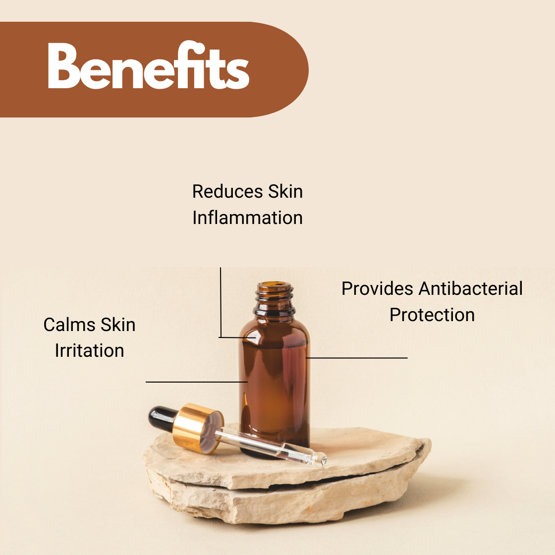 Amber glass serum bottle on stone display with benefits mentioning reduces skin inflammation, calms skin irritation and provides antibacterial protection for skincare product formulations.