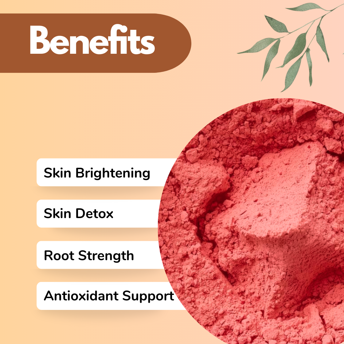 Vibrant red Beetroot herbal powder texture displayed in circular layout with benefits listed as Skin Brightening, Skin Detox, Root Strength and Antioxidant Support. Natural botanical powder ideal for detoxifying face masks and strengthening hair roots.
