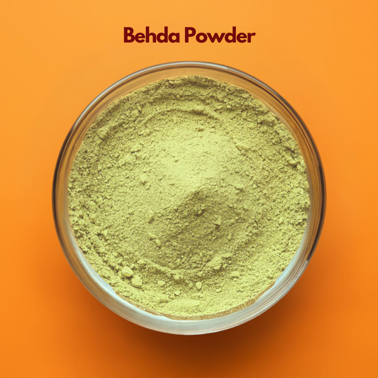 Behda powder shown in a glass bowl as a fine greenish herbal powder for skincare and hair care against a bright orange background with the title Behda Powder. This image represents a natural herbal cosmetic ingredient commonly used in Ayurvedic formulations for hair strengthening scalp cleansing dandruff control and improving overall hair health.