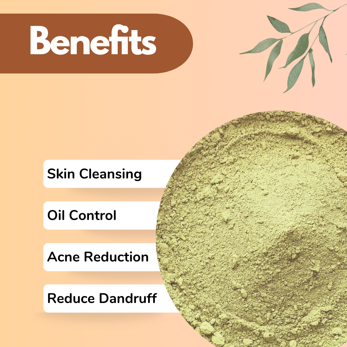 Bel Patra Powder is a Herbal powder for skincare shown with benefits text including skin cleansing oil control acne reduction and reduce dandruff alongside a close up texture of fine green herbal powder. This Bel Patra powder image highlights a natural herbal cosmetic ingredient used in skincare and hair care routines to deeply cleanse the skin control excess oil reduce acne breakouts and improve scalp health.