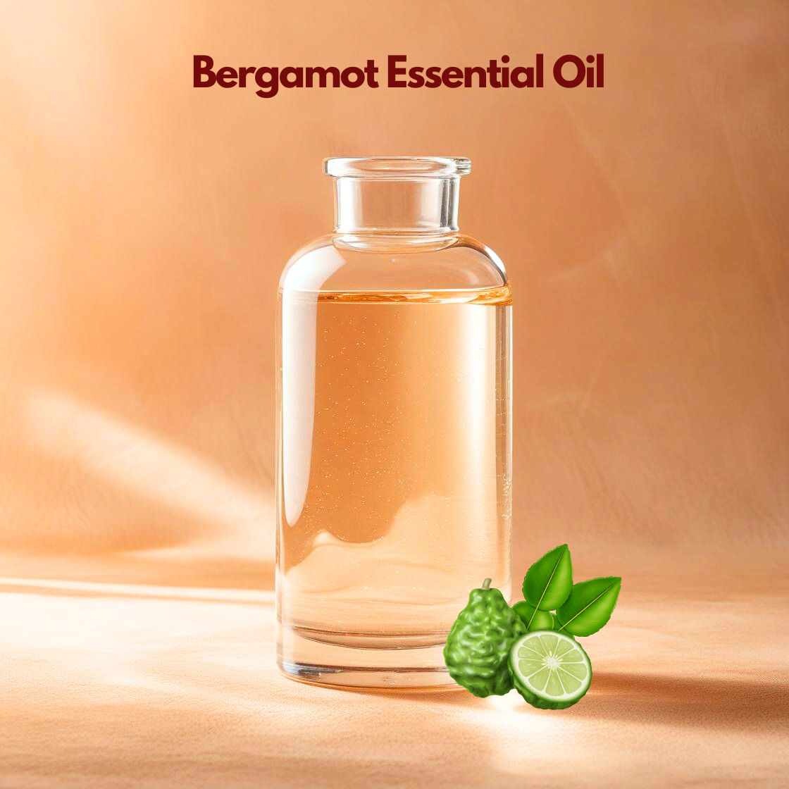 Cosmetic grade Bergamot Essential Oil in a clear glass bottle with bergamot fruit and leaves, used in skincare and haircare formulations for citrus aromatic blends.
