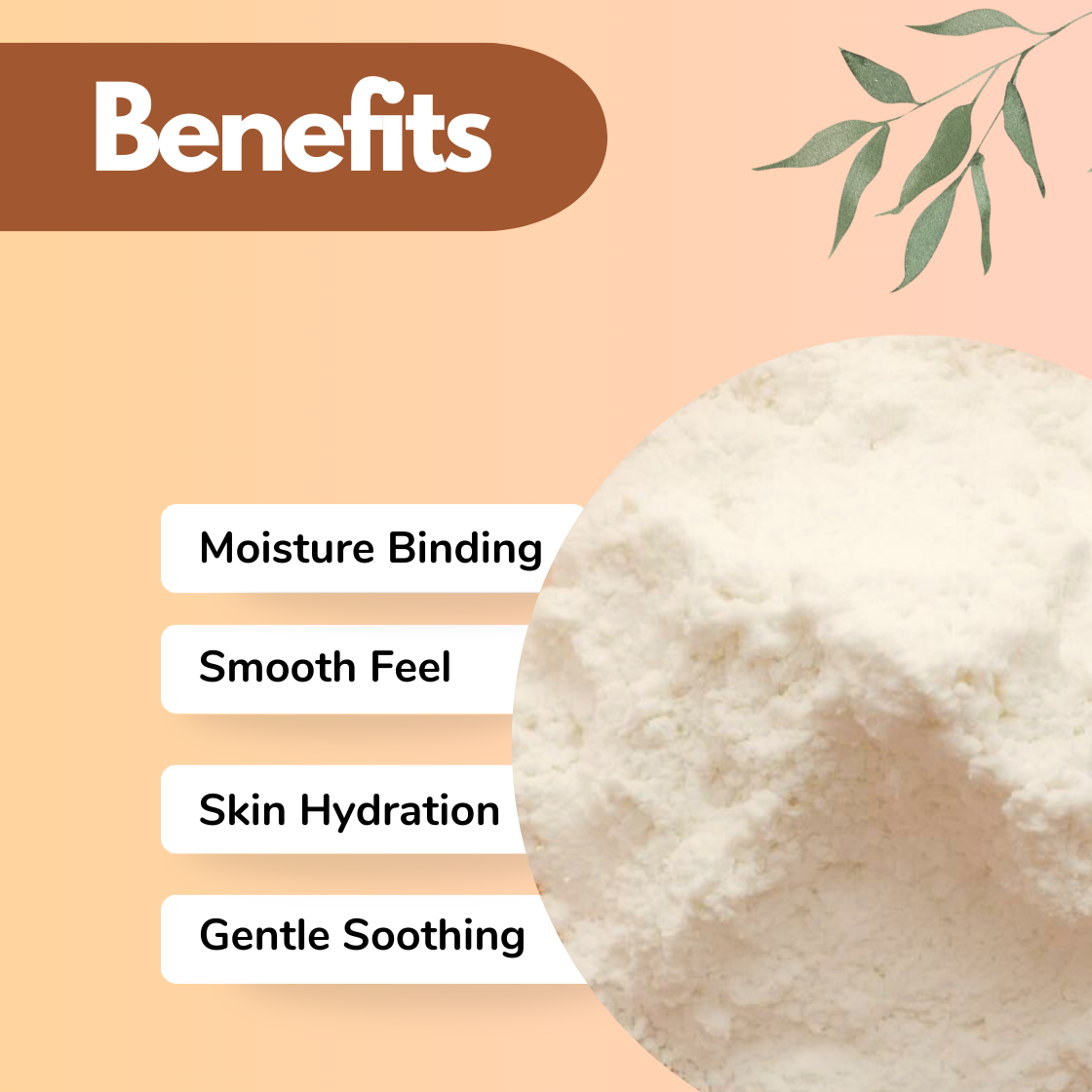 Infographic showing cosmetic "Betaine" powder ingredient used in skincare formulation with benefits including Moisture Binding, Smooth Skin Feel, Improved Skin Hydration and gentle soothing properties. This cosmetic raw material is commonly used in moisturizing skincare products such as hydrating creams, lotions  and facial treatments.