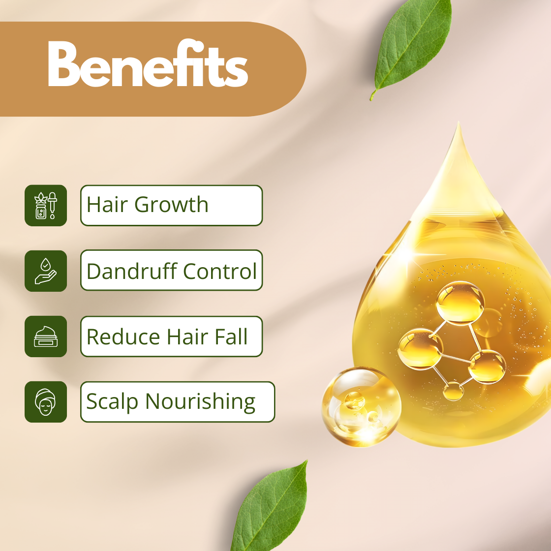Text highlights benefits of Bhringraj Oil : Hair Growth, Dandruff Control, Reduce Hair Fall and Scalp Nourishing. Golden oil drop with molecules and green leaves evoke a natural feel.