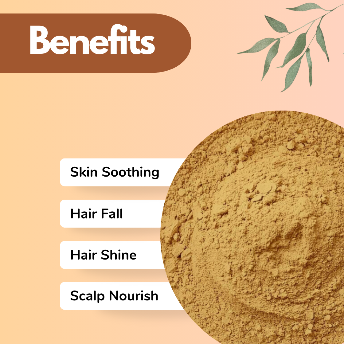 Bhringraj Herbal powder promotional graphic showing beige finely ground botanical powder with benefits Skin Soothing, Hair Fall control, Hair Shine and Scalp Nourish. Ayurvedic herbal powder used in scalp care treatments and natural hair masks.