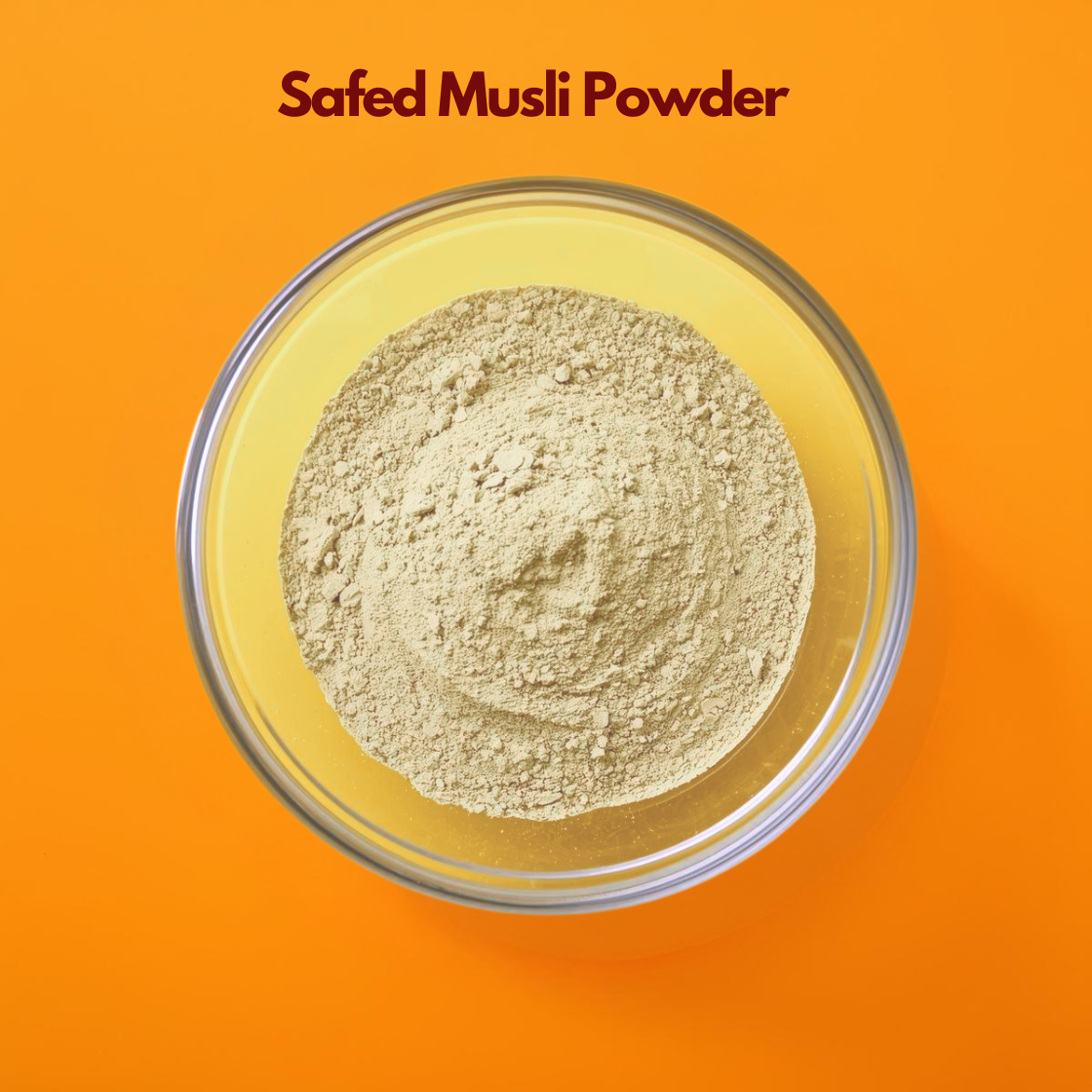 Safed Musli powder in a clear bowl, premium Ayurvedic herbal powder used in skincare, wellness formulations, and herbal cosmetics, known for rejuvenating properties and use in natural beauty and health products.