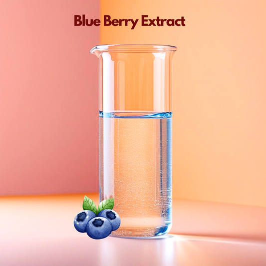  transparent glass beaker containing clear liquid stands against a soft coral background with “Blue Berry Extract” written above. Fresh blue berries with green leaves are shown near the base. This cosmetic grade fruit extract is valued in skincare formulations for antioxidant protection, hydration support and improving skin appearance.