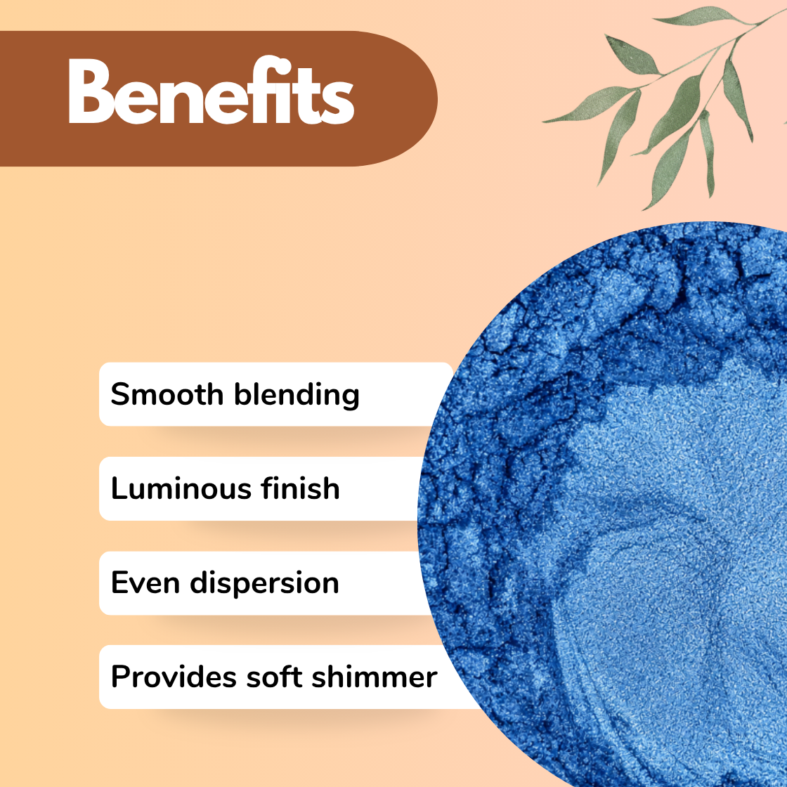 Blue mica powder benefits infographic featuring smooth blending, luminous finish, even dispersion and soft shimmer properties for cosmetic formulations, soap making, epoxy resin art, candle making, nail polish, lip gloss, eyeshadow and skincare products. High shimmer blue cosmetic grade mica pigment with reflective metallic effect used in DIY beauty formulations and handmade cosmetic manufacturing.
