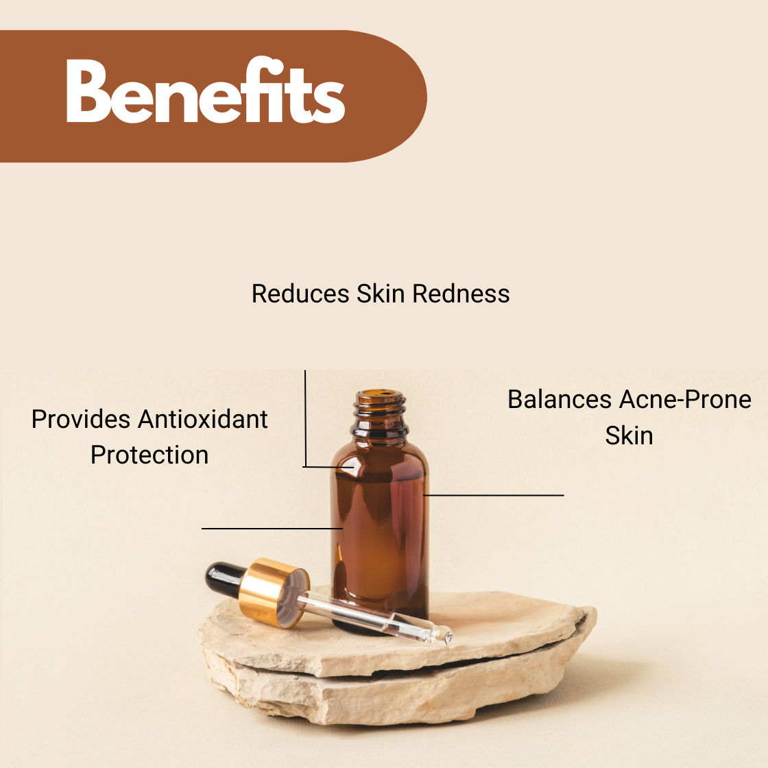 Amber cosmetic bottle displayed on stone with benefits including reduces skin redness, provides antioxidant protection and balances acne-prone skin in skincare applications.