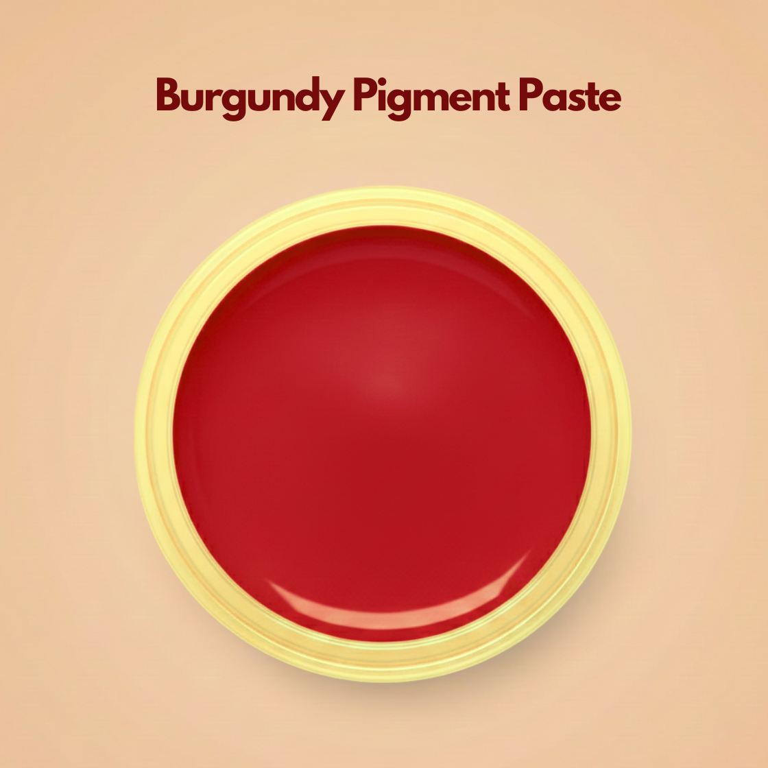 Overhead image of a round jar filled with burgundy pigment paste, displaying a deep red tone with a glossy, uniform surface. The color appears rich and highly concentrated with soft highlights reflecting along the curved edge. This burgundy pigment paste is designed as a high performance color concentrate for makeup and personal care products.