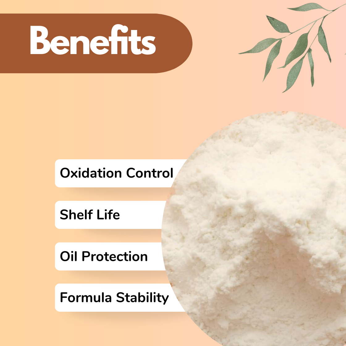 Benefits of a white Butylated Hydroxytoluene BHT powder highlighted: Oxidation Control, Shelf Life, Oil Protection, Formula Stability. Soft peach background with green leaf design.