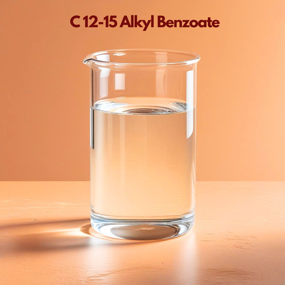 A transparent glass beaker containing C 12-15 Alkyl Benzoate, a clear, water-like liquid used as an emollient. It is positioned on a smooth, light tan surface under clean, bright lighting that casts a soft shadow. The product name is centered at the top.
