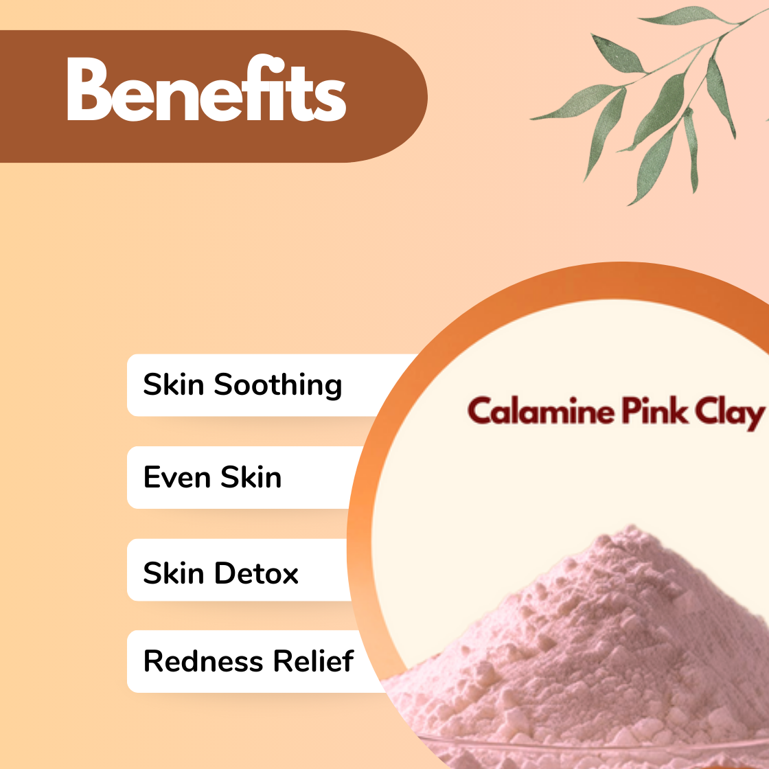 Calamine Pink Clay benefits image with orange and pink gradient background. Lists skin soothing, even skin, skin detox and redness relief.