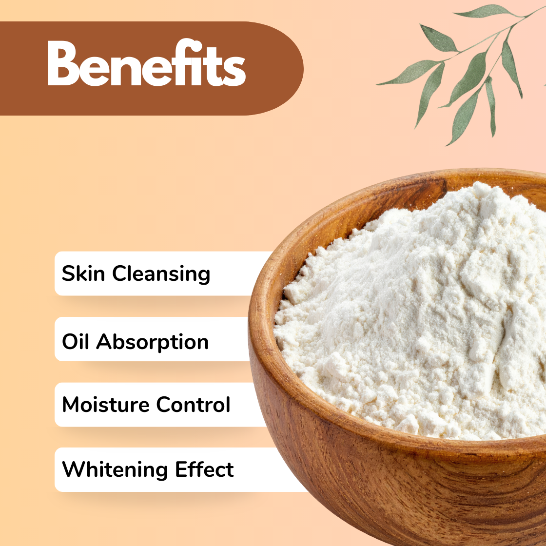 Infographic showing white "Calcium Carbonate" powder inside a wooden bowl used as a cosmetic cleansing ingredient. The benefits listed include Skin Cleansing, Oil Absorption, Moisture Control and Whitening Effect. This cosmetic raw material is commonly used in face powders, cleansers, masks and personal care skincare formulations.