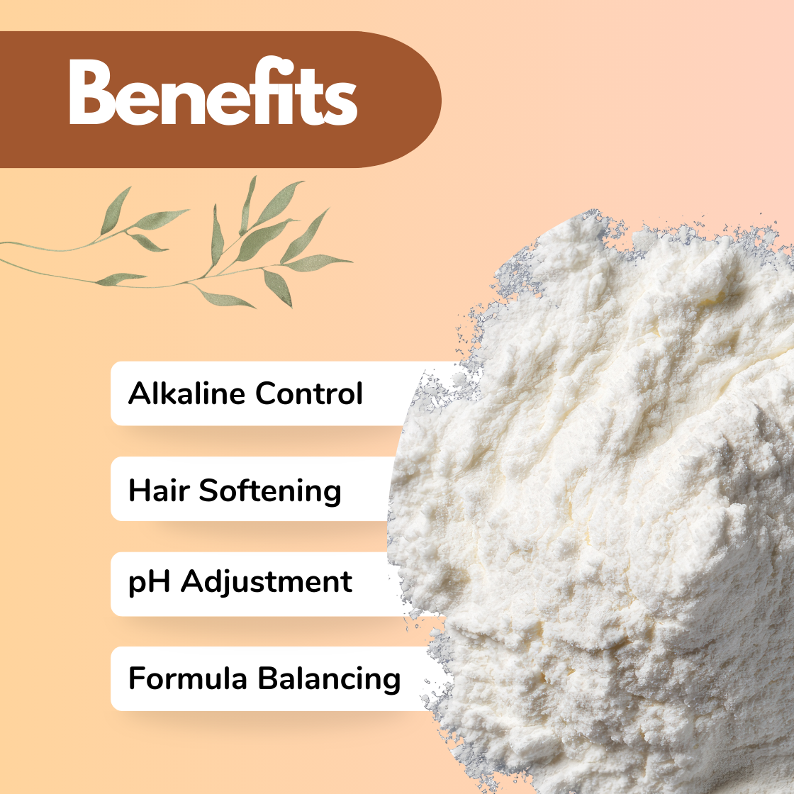 Benefits infographic showing white "Calcium Hydroxide" cosmetic powder used as a pH adjusting ingredient in cosmetic and personal care formulations. The  listed benefits of "Calcium Hydroxide" include Alkaline Control, Hair Softening, pH Adjustment and Formula Balancing. This cosmetic raw material is commonly used in shampoos, conditioners, creams and skincare manufacturing formulations.