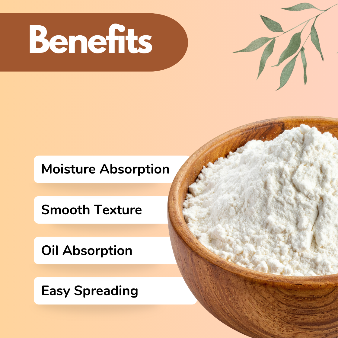 Infographic displaying white cosmetic "Calcium Sulphate" powder used in skincare and makeup formulations. The benefits highlighted include Moisture Absorption, Smooth Texture, Oil Absorption and Easy Spreading properties. This cosmetic raw material is commonly used in face powders, foundations, skincare products and cosmetic formulation development.