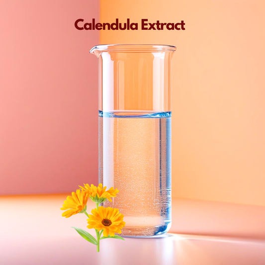 A clear laboratory beaker filled with transparent liquid is centered on a warm peach background labeled “Calendula Extract.” Bright yellow calendula flowers with green stems are positioned at the base. This cosmetic grade botanical extract is used in skincare formulations for soothing, calming and supporting sensitive skin.