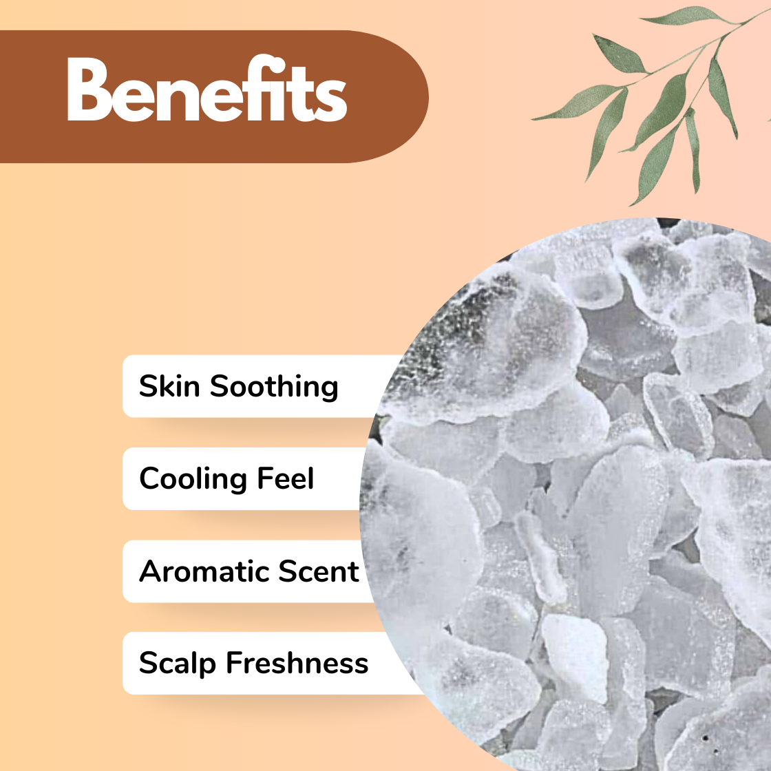 Infographic showing menthol crystal of "Camphor | Kapoor" flakes used as a cooling ingredient in cosmetic and personal care formulations. The graphic lists benefits including Skin Soothing effect, Cooling Feel Sensation, Aromatic Scent and Scalp Freshness. Menthol Crystals are widely used in skincare, haircare products, balms and cooling cosmetic formulations.