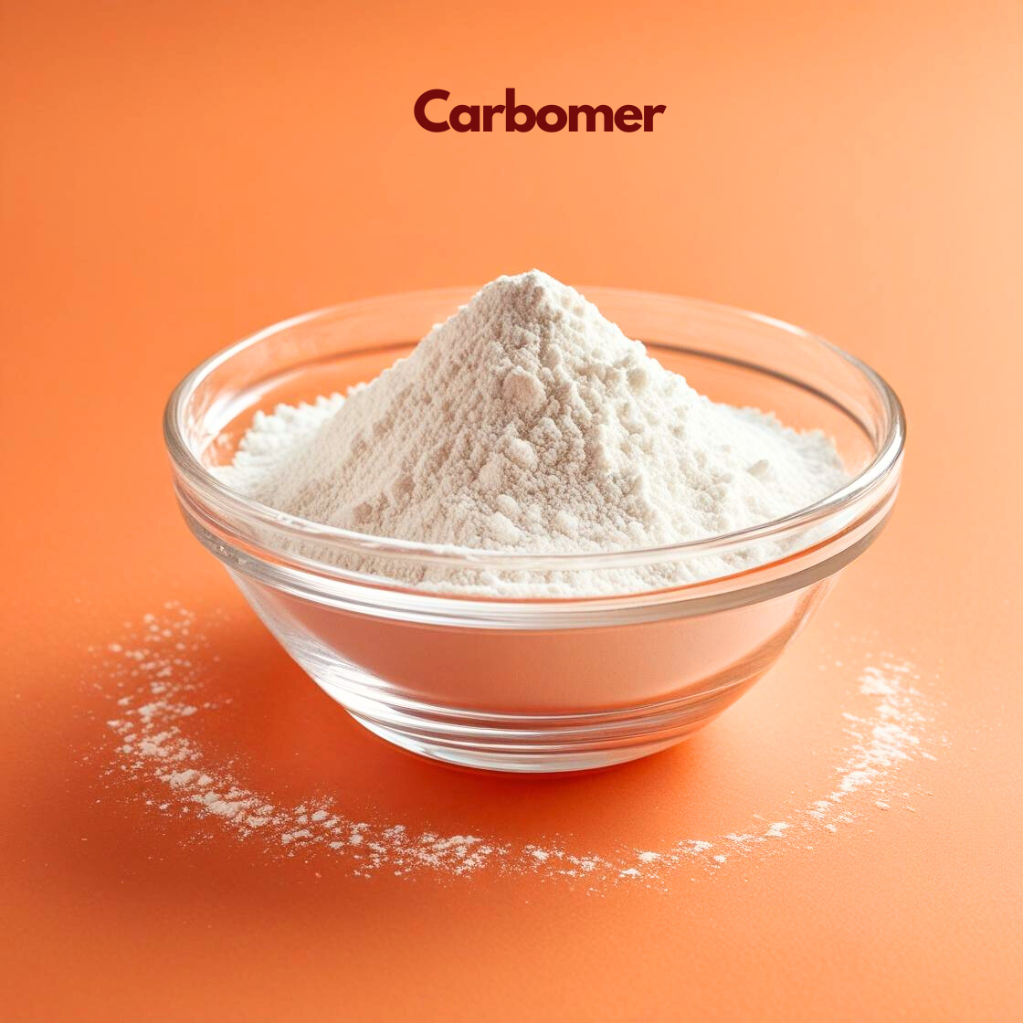  A mound of extremely fine, fluffy white Carbomer 940 powder inside a clear glass bowl. The powder looks lightweight and cloud-like, positioned against a solid orange background. The name "Carbomer" is featured at the top in maroon.