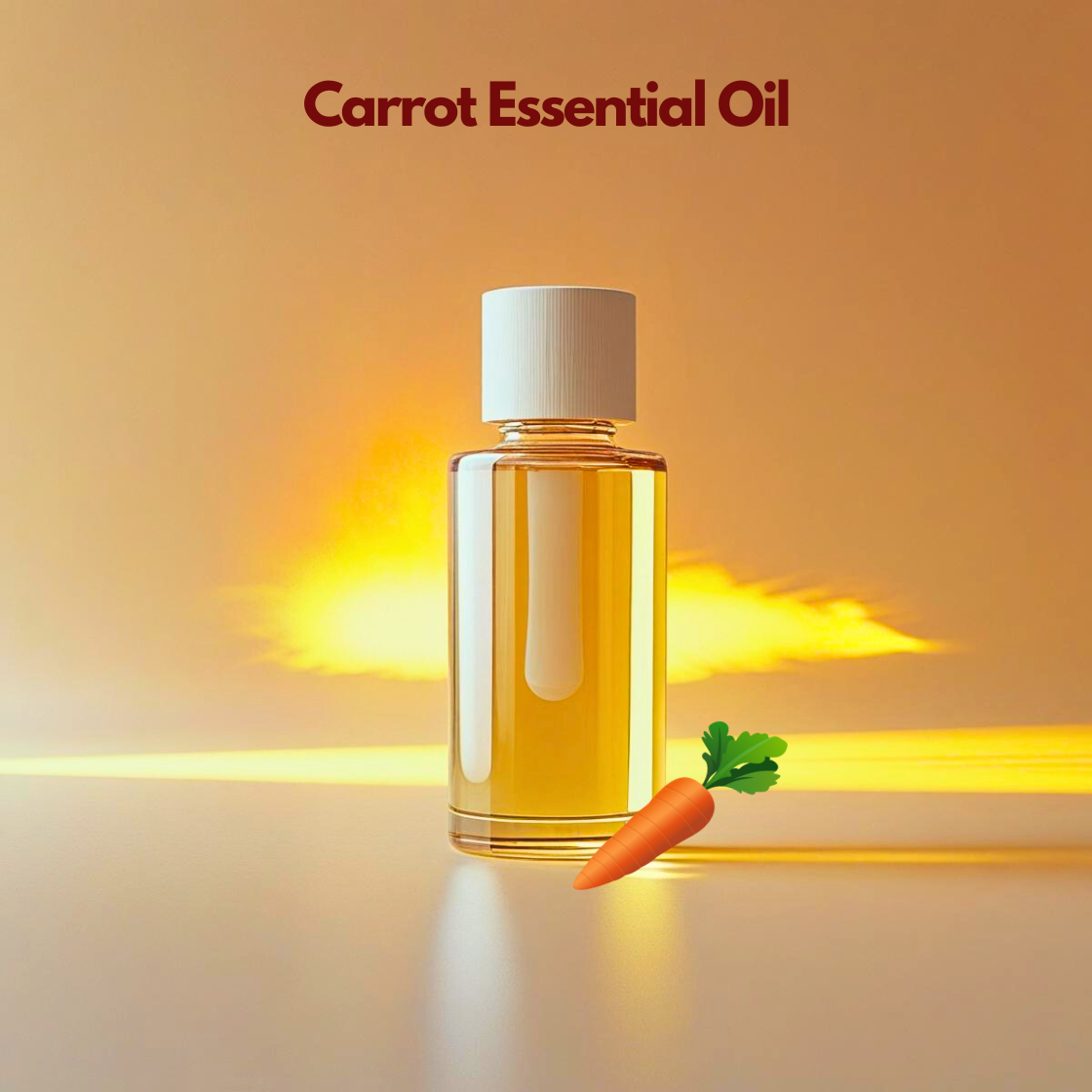 Cosmetic grade Carrot Essential Oil in a transparent glass bottle with carrot illustration, suitable for skincare and haircare product formulations.