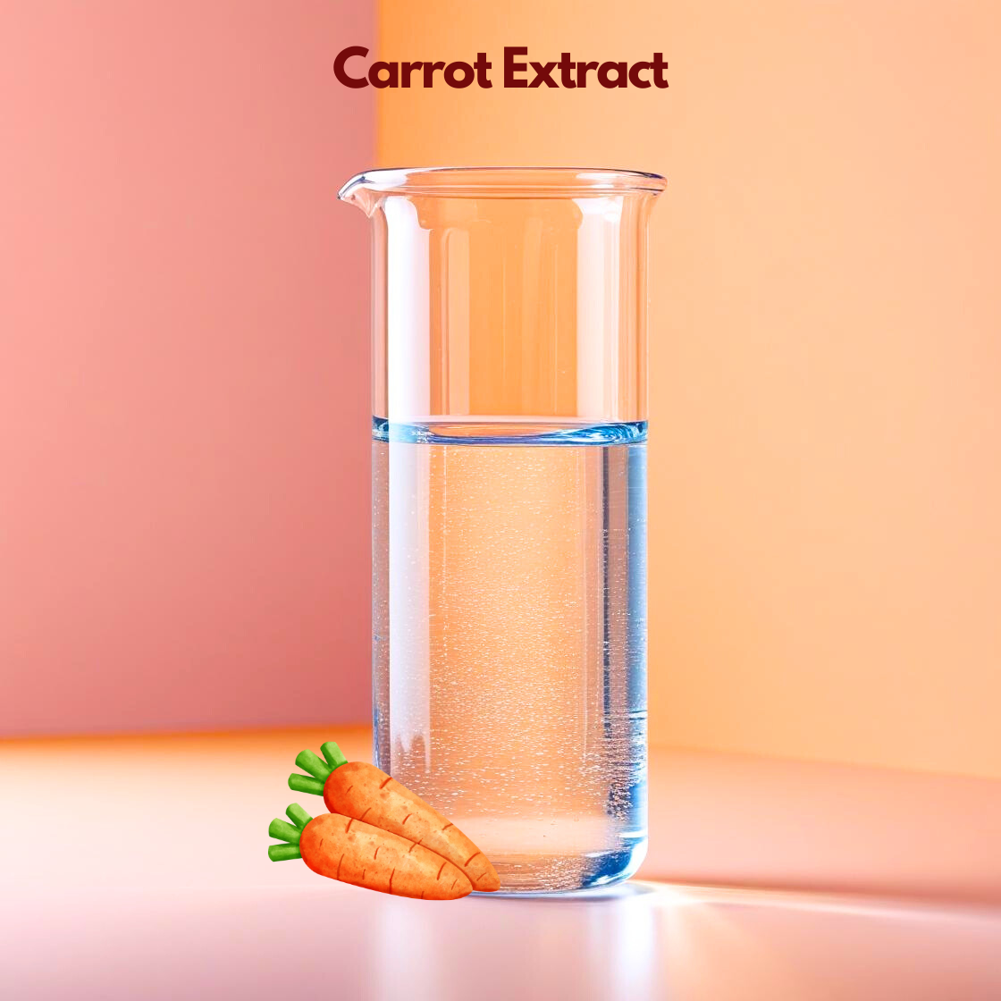 A tall glass beaker partially filled with clear liquid stands against a peach gradient background labeled “Carrot Extract.” Two fresh orange carrots with green tops are illustrated at the bottom. This botanical extract is commonly included in cosmetic skincare products for antioxidant support, skin nourishment and enhancing overall formulation performance.