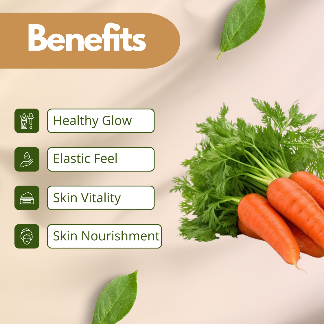 Benefits image of Carrot Extract showing fresh orange carrots with green tops on a soft beige background, highlighting healthy glow, skin vitality, elastic feel and skin nourishment. Cosmetic grade carrot extract used in skincare formulations as a natural brightening ingredient, antioxidant rich botanical extract and active cosmetic raw material for glow enhancement and skin revitalization.