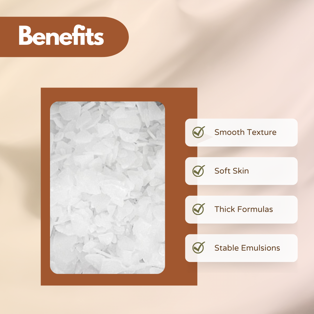  Infographic displaying "Ceteareth 20" flakes cosmetic raw material inside a framed layout on a neutral background, highlighting benefits including Smooth Texture, Soft Skin Feel, Thick Formulation Support and Stable Emulsions. Ceteareth 20 is an essential cosmetic ingredient used in creams, lotions, moisturizers and skincare formulations & cosmetic products.
