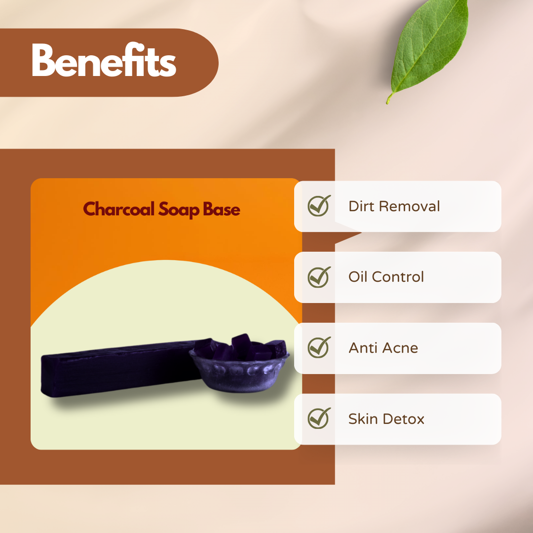 Benefits graphic for Charcoal Soap Base featuring a deep black soap log and cubed pieces in a clear bowl. Text reads Dirt Removal, Oil Control, Anti Acne, Skin Detox, emphasizing this charcoal melt and pour soap base for deep cleansing and oil balancing soaps.