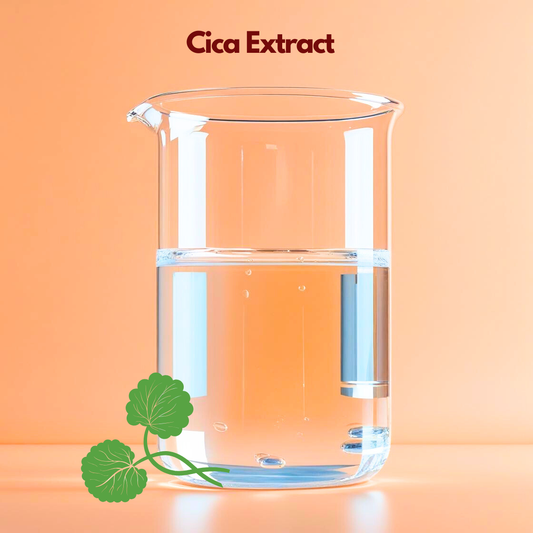  A clear glass laboratory beaker filled halfway with transparent liquid sits against a warm peach background, labeled “Cica Extract” at the top. At the base of the beaker is a small illustration of green centella leaves. This cosmetic grade botanical extract is commonly used in skincare formulations for soothing, skin repair and hydration benefits.