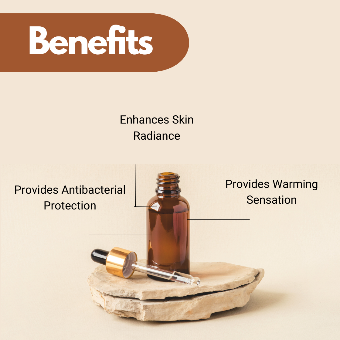 Cinnamon Bark essential oil in amber glass bottle with dropper, warm oil for enhancing skin radiance, providing warming sensation and antibacterial protection, natural skincare.