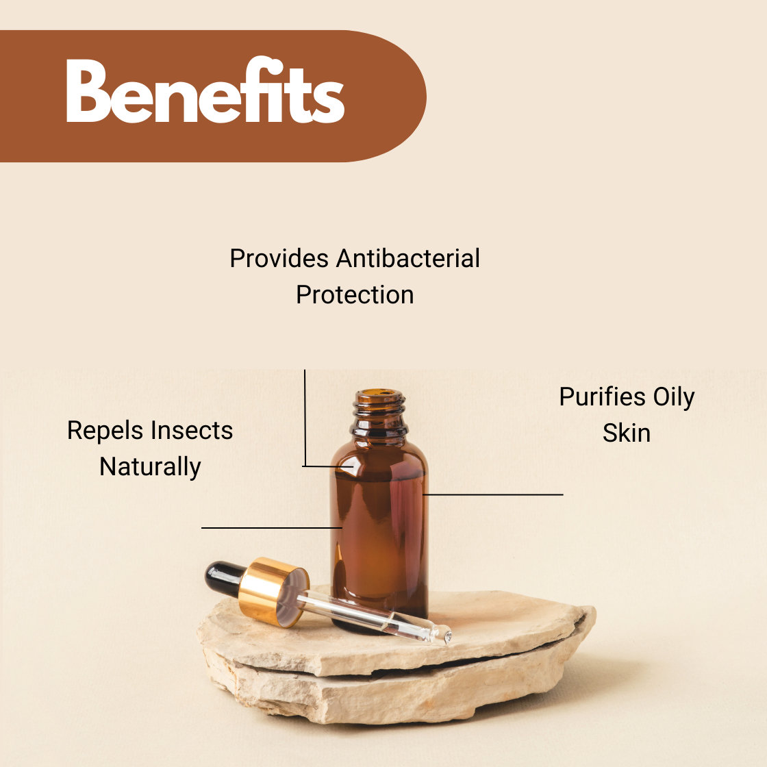 Citronella essential oil in dark glass bottle with dropper, citronella oil for antibacterial protection, purifying oily skin, and repelling insects naturally, skin clarifying oil for acne.