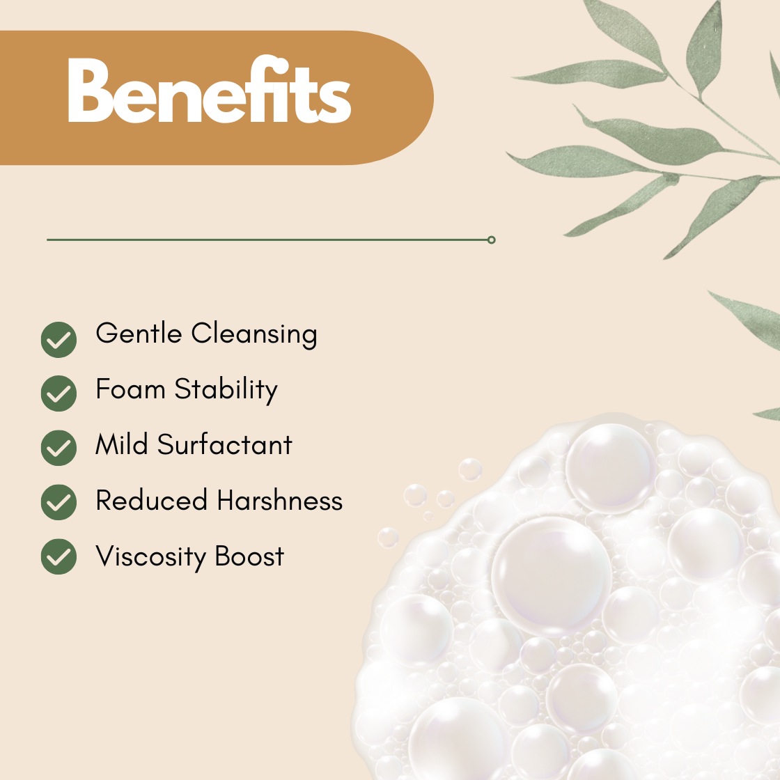 Beige background with leaf design; bold "Benefits" heading of coco betaine. Listed: Gentle Cleansing, Foam Stability, Mild Surfactant, Reduced Harshness, Viscosity Boost.