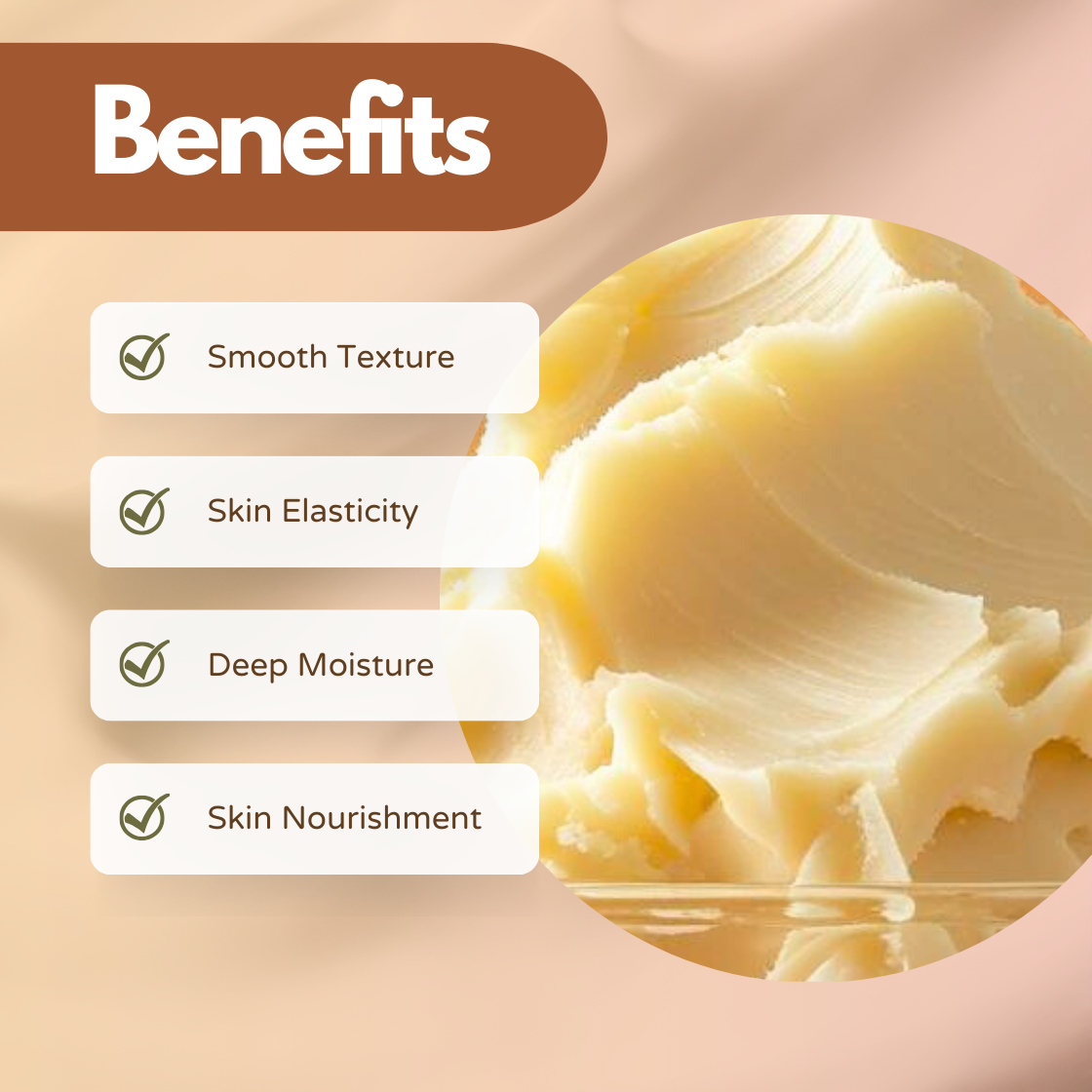 Refined Cocoa Butter shown as a smooth creamy butter texture with a “Benefits” heading highlighting smooth texture, skin elasticity, deep moisture, and skin nourishment on a soft beige cosmetic ingredient graphic.