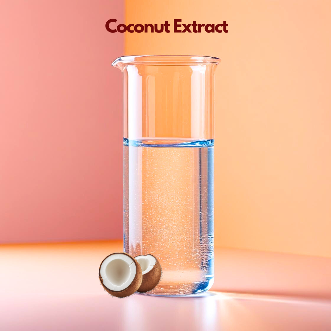 A clear glass beaker containing transparent liquid is shown against a soft coral background labeled “Coconut Extract,” with whole and halved coconuts at the base. This cosmetic grade coconut extract is widely used in skincare and haircare formulations for deep hydration, moisturizing support and natural conditioning benefits