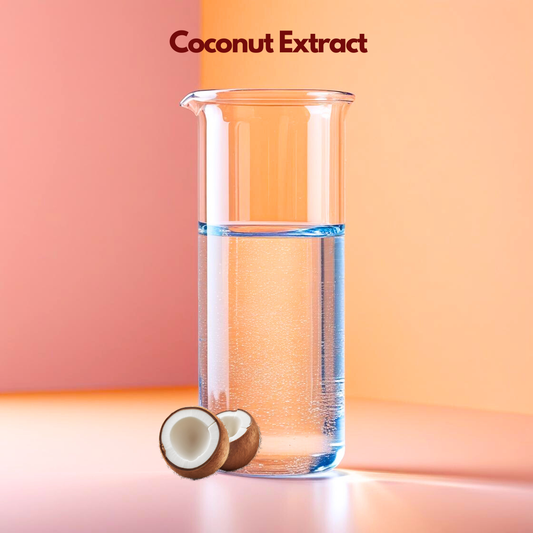 A clear glass beaker containing transparent liquid is shown against a soft coral background labeled “Coconut Extract,” with whole and halved coconuts at the base. This cosmetic grade coconut extract is widely used in skincare and haircare formulations for deep hydration, moisturizing support and natural conditioning benefits