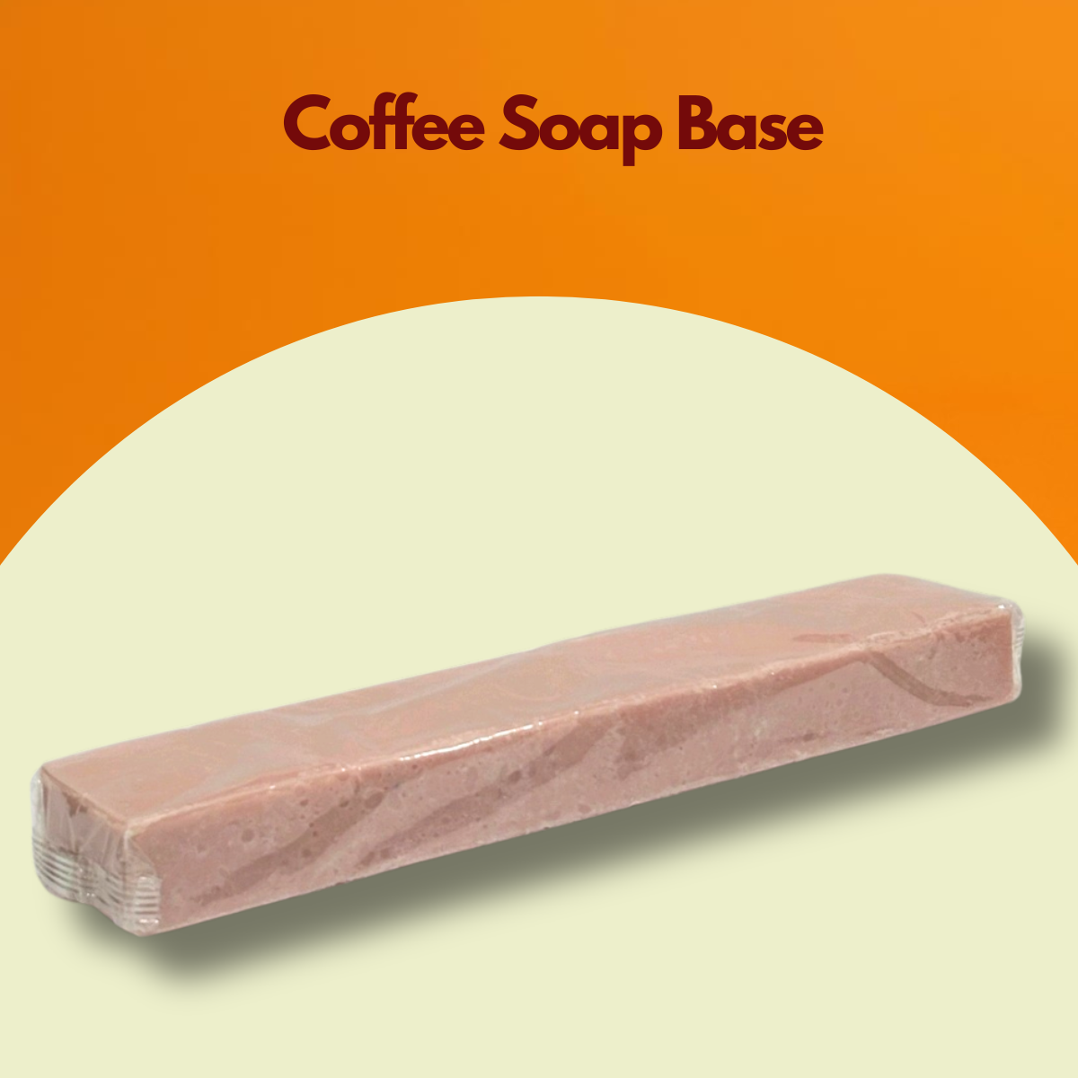 Coffee Soap Base written at the top with a light brown soap block wrapped in clear plastic. This coffee melt and pour soap base presents a natural earthy shade ideal for exfoliating style handmade soaps.