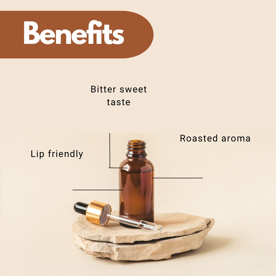 Brown bottle with dropper on stone, labeled "Benefits." Features include of coffee lip flavor oil "Bitter sweet taste," "Roasted aroma," and "Lip friendly" qualities. Neutral background.